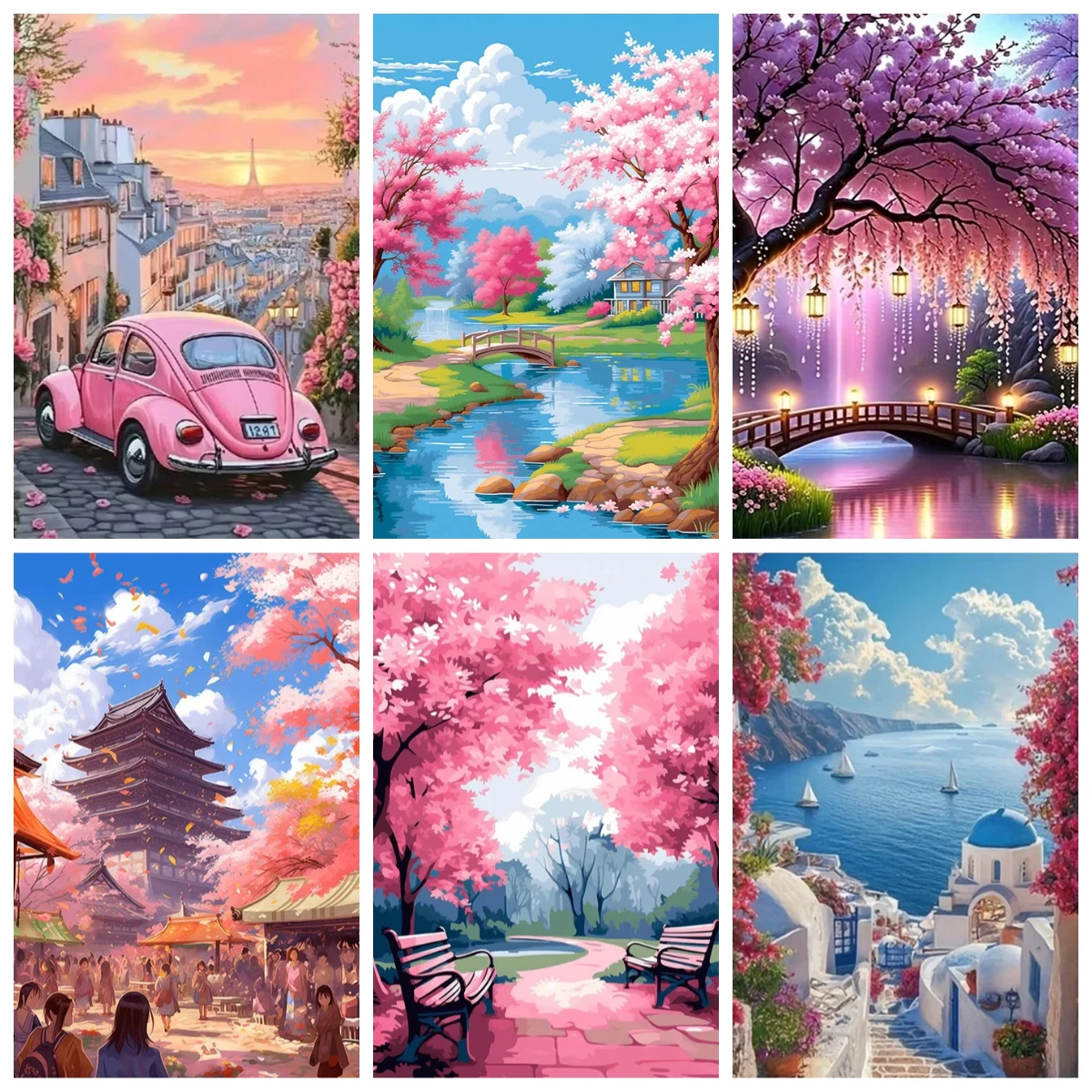 Art Craft Kit - 数字で描く桜の風景画キット。壁飾り、自然をテーマにした手作り絵画、キャンバスアートキット。