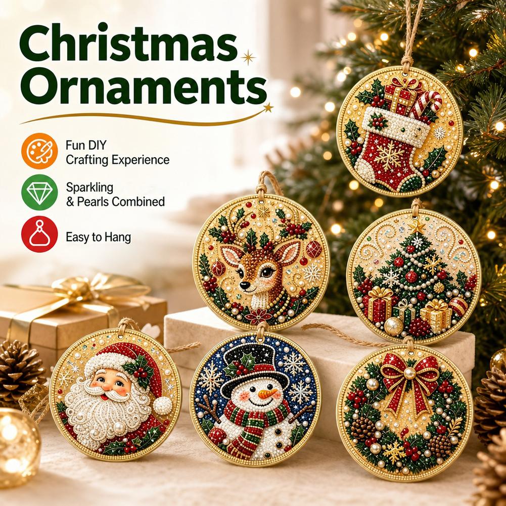 Art Craft Kit - クリスマスオーナメント6点セット、ダイヤモンドペイントキット、パールラインストーンペンダント、丸型、クリスマスツリー用、DIYクラフト、ギフト、ホームデコレーション