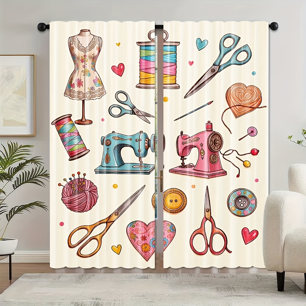 Art And Craft For Nursery - 裁縫工房の装飾、カーテン生地、裁縫機、ハサミ、糸、模様、子供部屋の壁飾り、窓辺の装飾